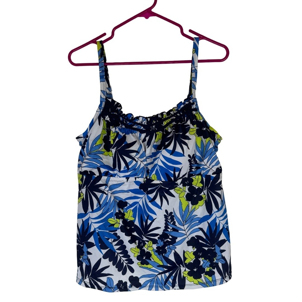 South Point Tankini Swim Top Women 20W Blue Tropical Floral Palm Ruffle Strappy